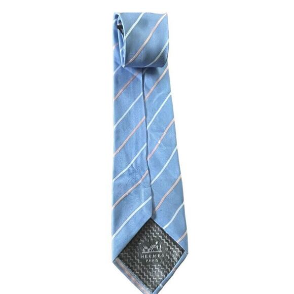 Hermes Paris Modern Silk Neck Tie France Made Striped Blue Men $388 - Picture 1 of 8
